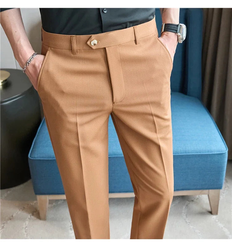 2025  New Autumn Green Premium Dark Stripe Formal Pants for Men,Coffee Slim Small Foot Mens Casual Trousers/Dress Pants Men