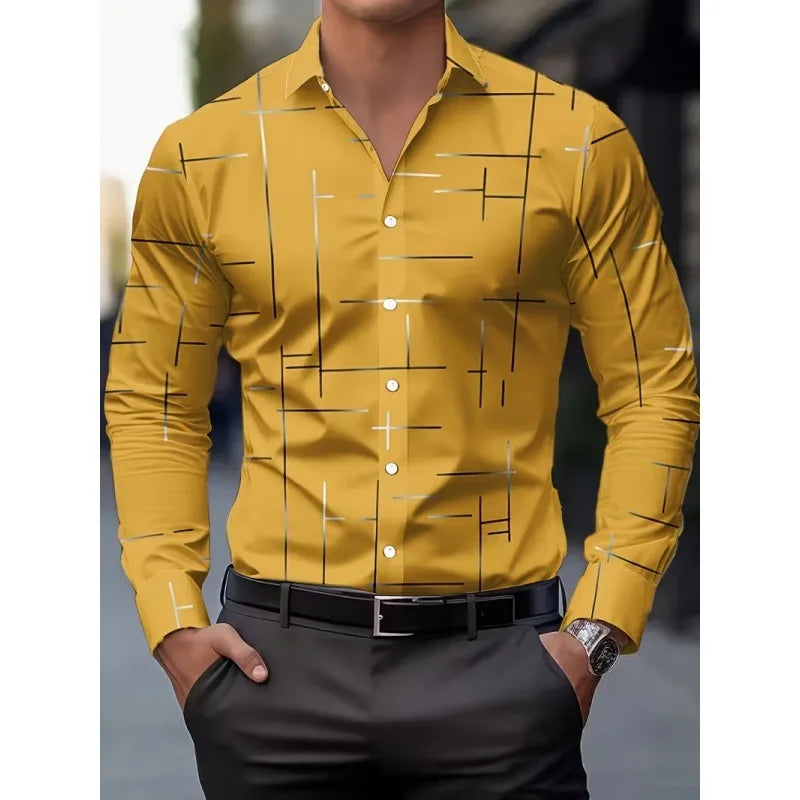 Men's Long Sleeve Geometric Line Print Dress Shirt Slim Fit Formal Casual Button Down Business Top Camisa Masculina De Negócios