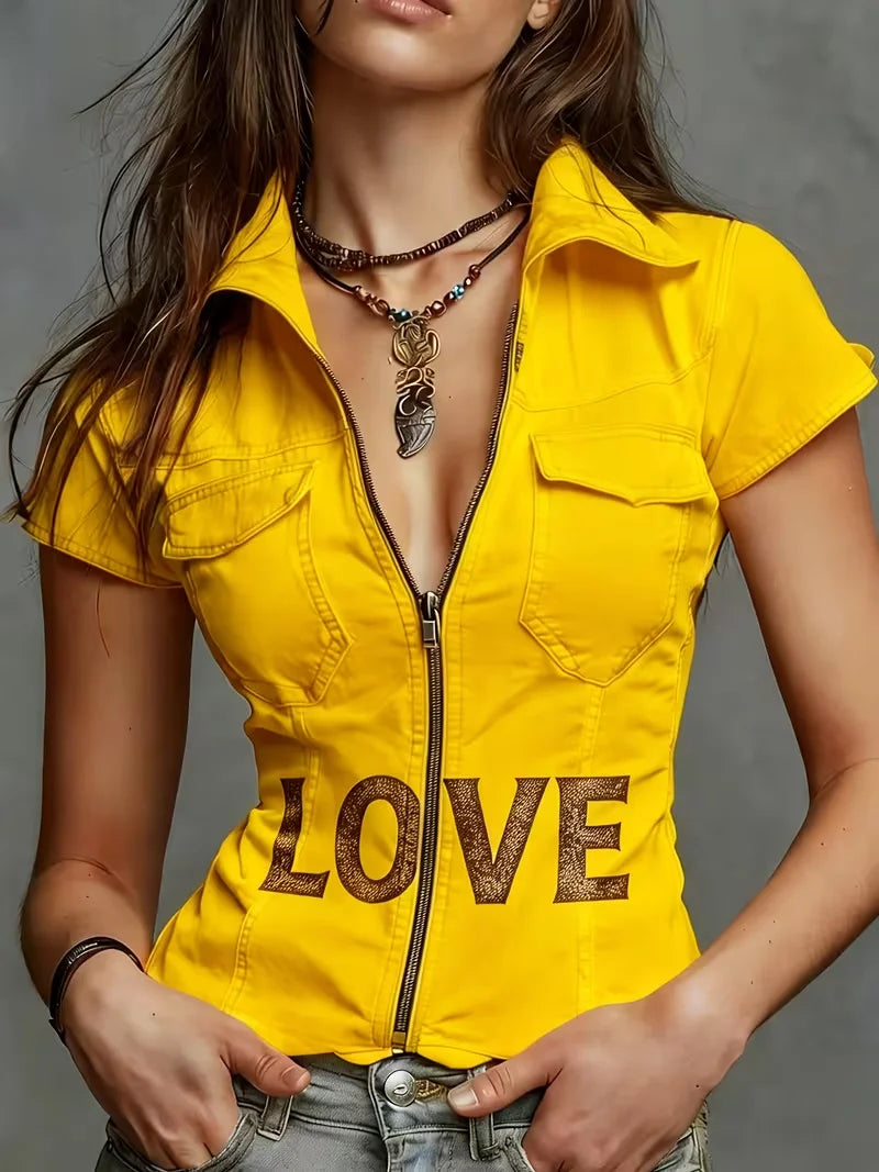 Sexy Fashionable Denim Print Short Sleeve Shirt for Young Ladies with Real Pockets Texture-Free Women's Stylish Apparel