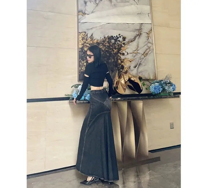 Maxi Skirt Women Casual Mermaid Streatwear High Waist Zipper Denim Skirts Y2k Streetwear Loose Long Mom Jeans Ankle Lenth Summer
