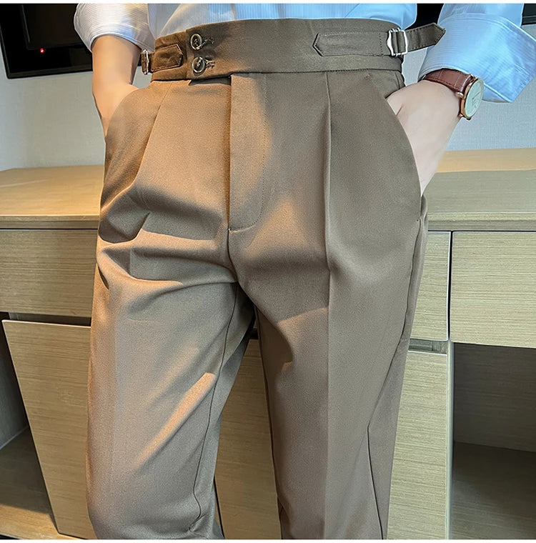 High Quality Neapolitan Mens Suit Pants, Slim Fit Casual Trousers, Blue Vintage High Waist Dress Pants Men ，pantalon Homme Luxe