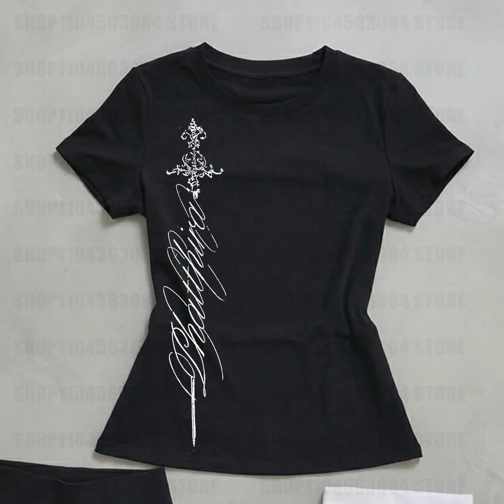 T Shirts Women V Neck Slim Vintage Printing Elegant Grunge Gothic Y2k Aesthetic Harajuku Tops Ladies Casual Tee Shirt
