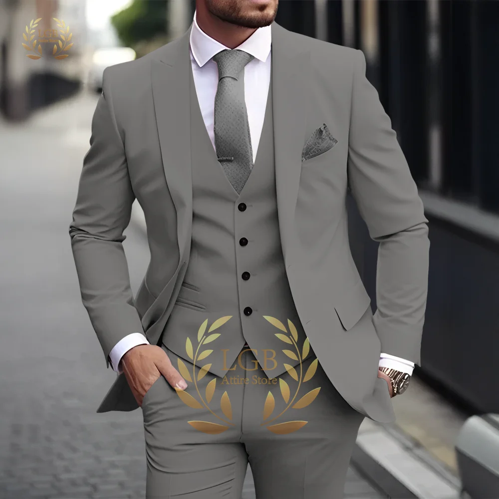 Men's Khaki 3-Piece Suit Classic Peak Lapel Business Formal Wedding Groom Slim Fit Elegant Gentleman Style Fashion Blazer