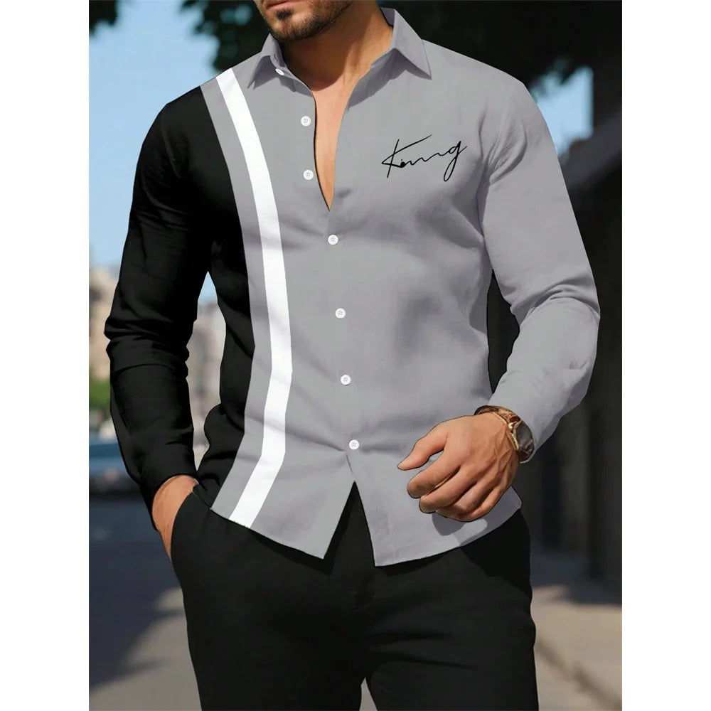 Men's Shirt Letter Striped Print Men's Long-Sleeved Shirt Autumn Casual Tops Beach Men Clothing Oversized Men's Fashion Shirts