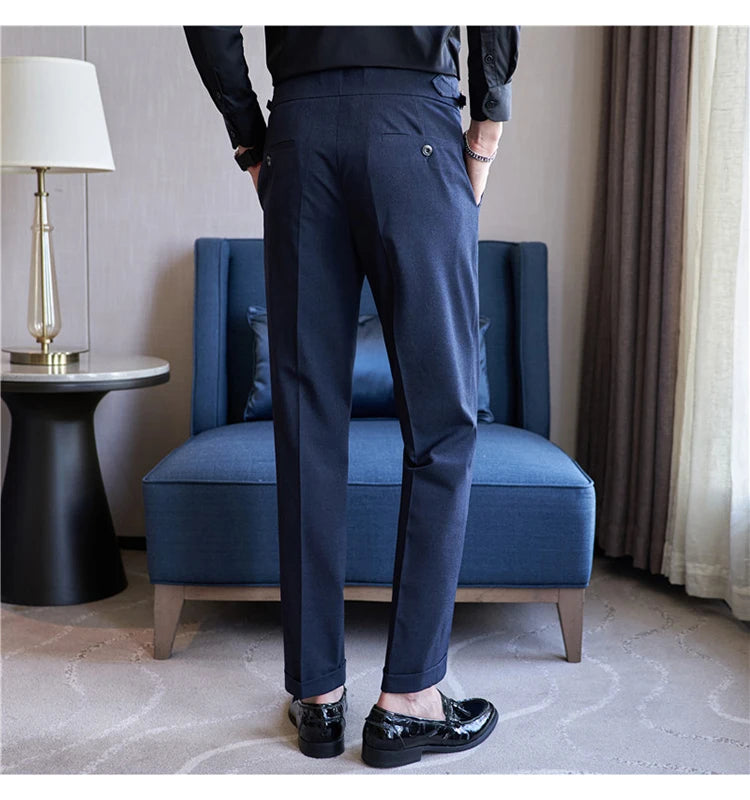 British Style Men High Waist Casual Dress Pant Men Belt Design Pink Trousers Formal Office Social Wedding Party Dress Suit Pants