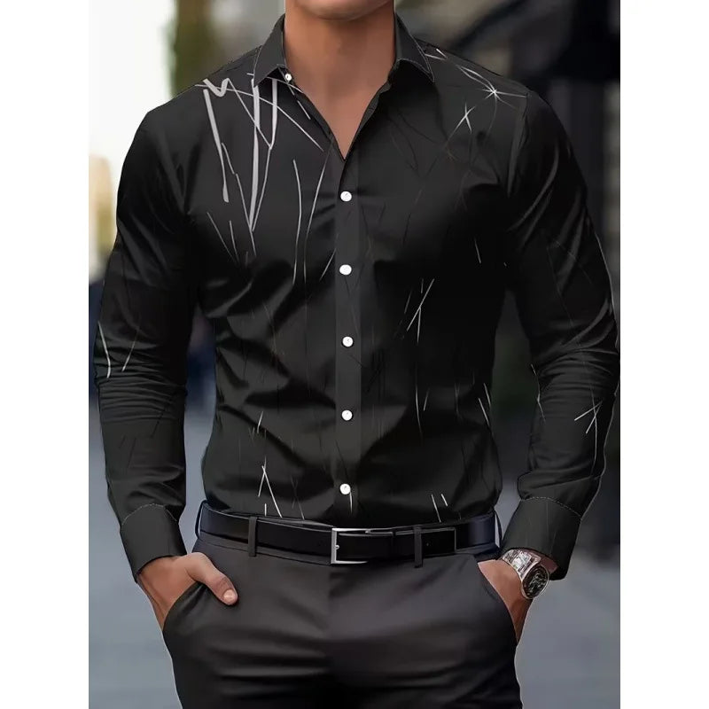 Men's Long Sleeve Geometric Line Print Dress Shirt Slim Fit Formal Casual Button Down Business Top Camisa Masculina De Negócios