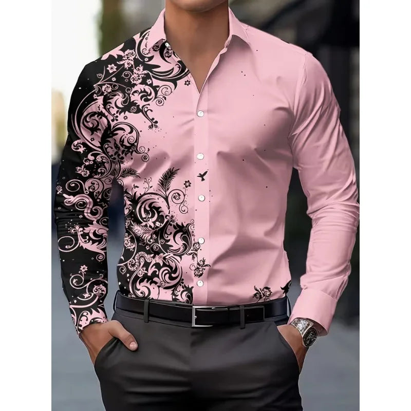 Men's Long Sleeve Geometric Line Print Dress Shirt Slim Fit Formal Casual Button Down Business Top Camisa Masculina De Negócios