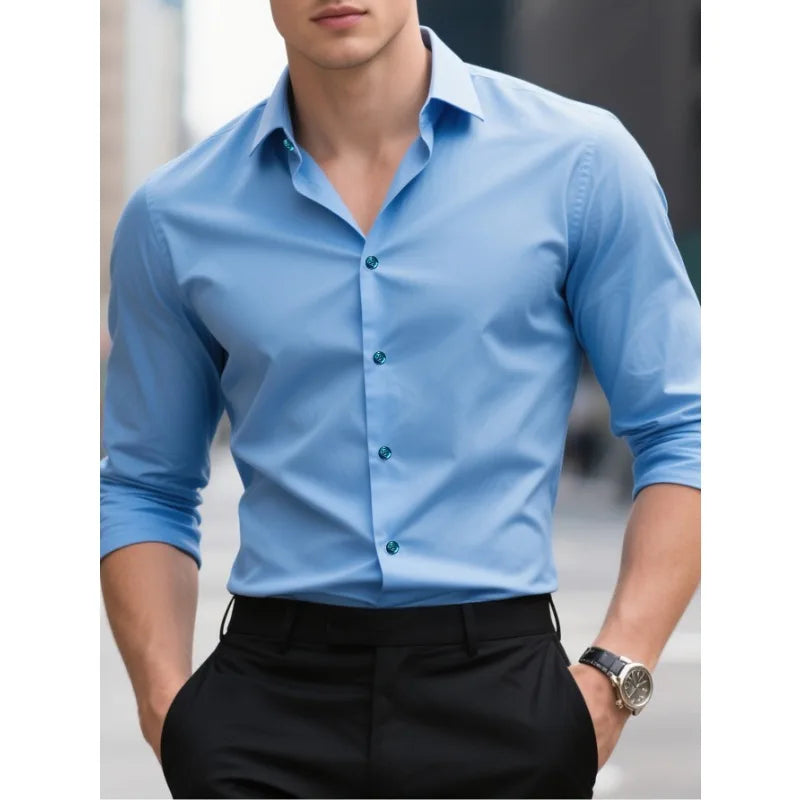 FGKKS New Men Casual Shirt Brand Fashion Solid Color Long Sleeve Elastic Fabric Male Business Dress Shirt