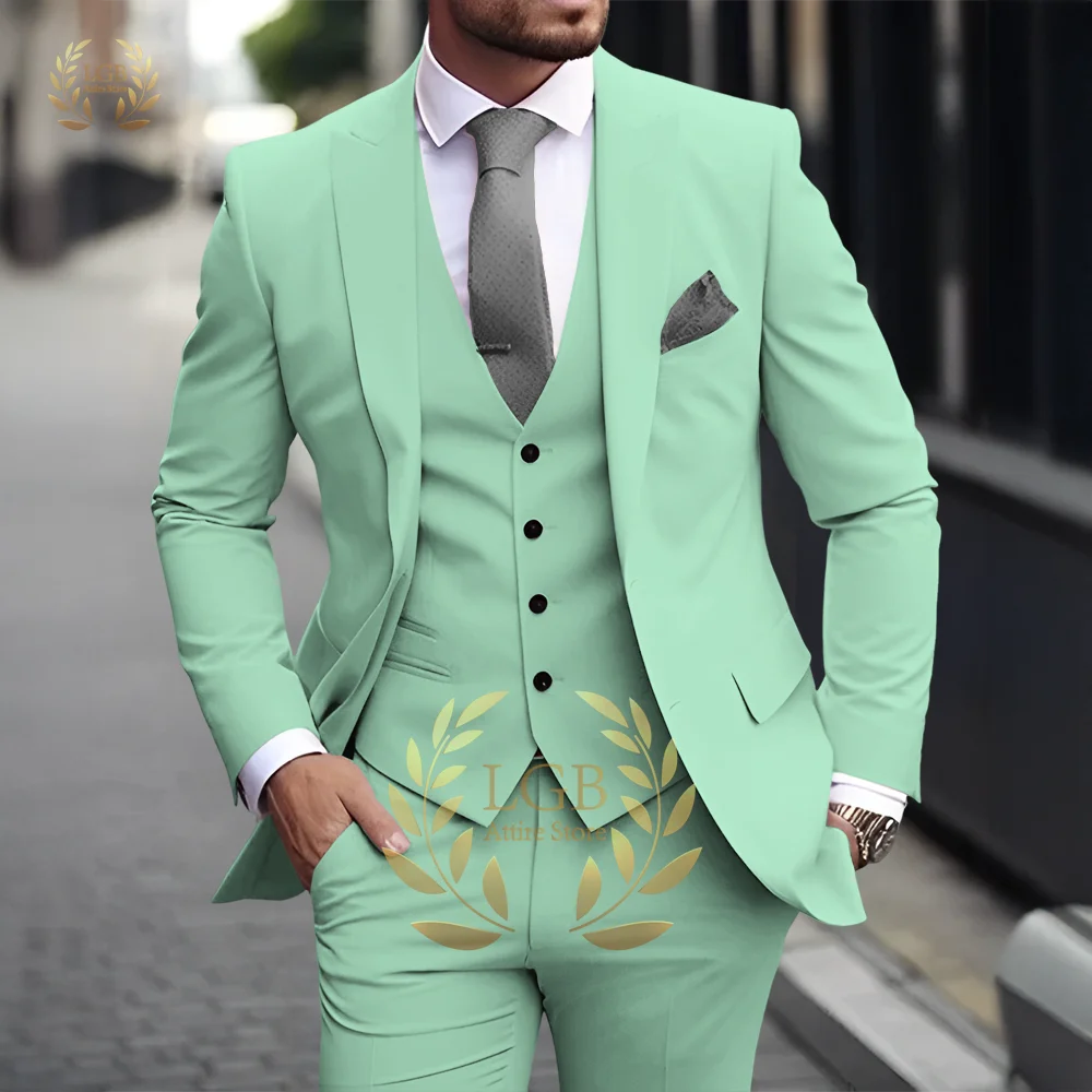 Men's Khaki 3-Piece Suit Classic Peak Lapel Business Formal Wedding Groom Slim Fit Elegant Gentleman Style Fashion Blazer