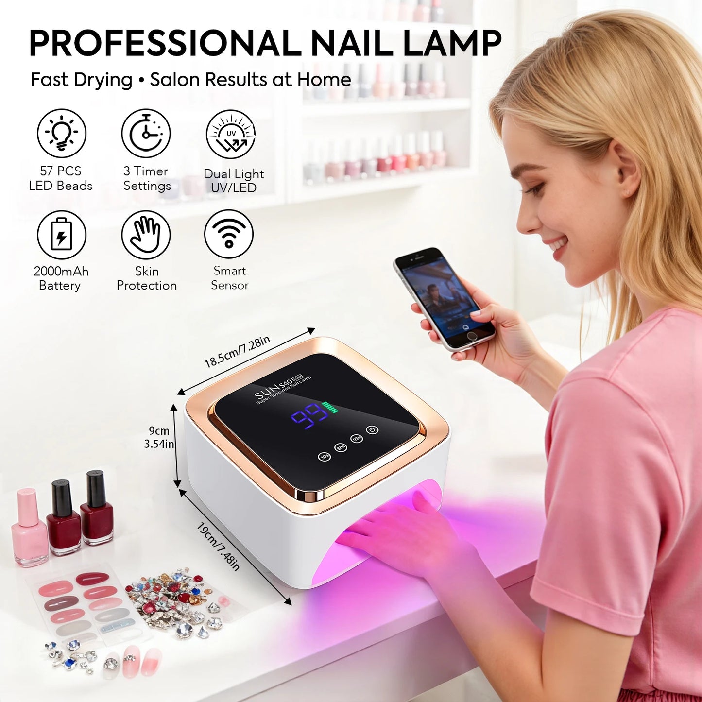 DianaBeauty UV Nail Lamp 57 LEDs Rechargeable Cordless Nail Dryer with 3 Timer Settings and Large Touch Screen UV Lamp for Nails