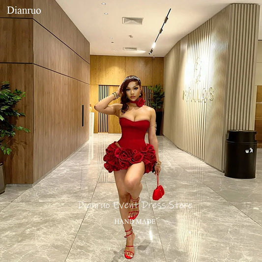 Dianruo Satin Sweetheart Prom Dress Red Above Knee Ruched Birthday Dresses Floral Appliques Romantic Evening Dresses Customized