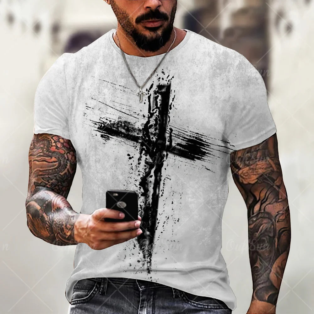 New Fashion Personality Men's T-Shirt Christian Cross Pattern 3D Printed Retro Short Sleeve O Neck Quick Dry High Quality Top