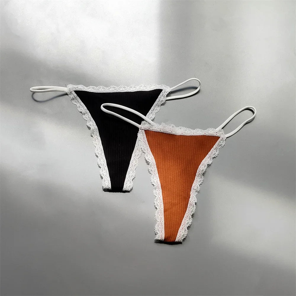 2PCS Cotton Lace Trim Underwear Woman Sexy Thong Lingerie Soft Ribbed Strings T-back Underwear Plus Size S-XL