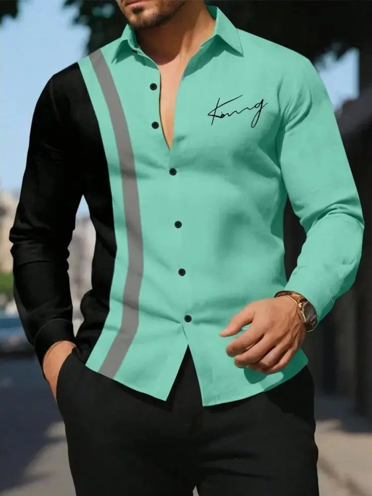 Men's Shirt Letter Striped Print Men's Long-Sleeved Shirt Autumn Casual Tops Beach Men Clothing Oversized Men's Fashion Shirts