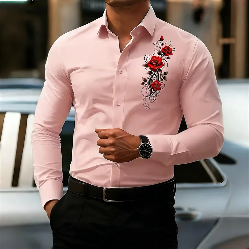 Men's Long-Sleeved Shirt, Featuring a Vintage Red Rose Print Design. A Stylish Business Casual Shirt and Fashionable Men's Top.