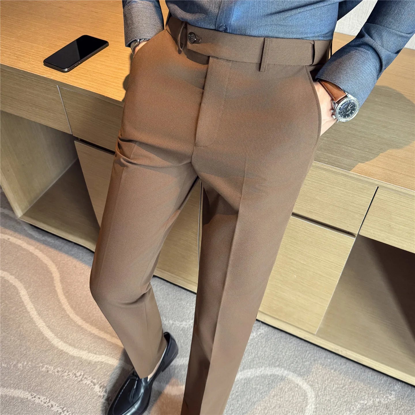 2026 Men's Suit Pants – Striped Formal Trousers in Brown, High-Quality Business Slim Fit Dress Pants for Office & Wedding Wear.