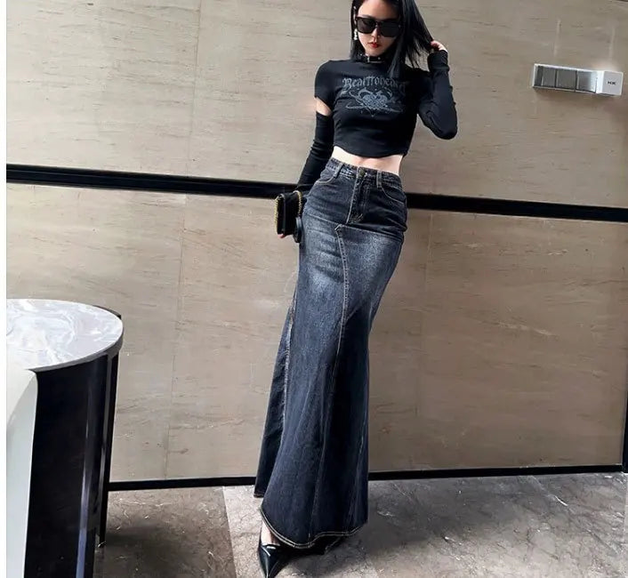 Maxi Skirt Women Casual Mermaid Streatwear High Waist Zipper Denim Skirts Y2k Streetwear Loose Long Mom Jeans Ankle Lenth Summer