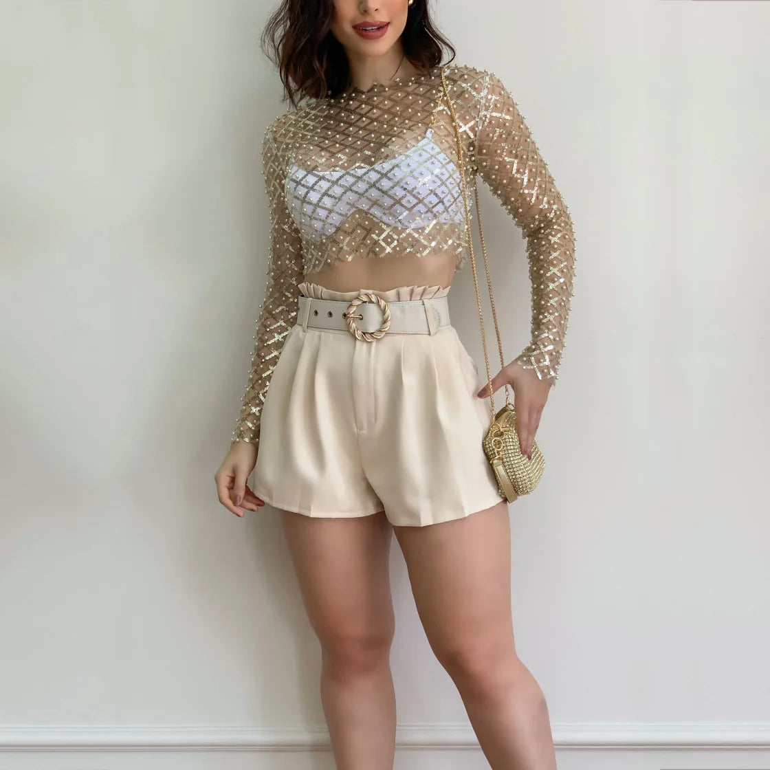 Women's Sexy Mesh Beaded Tops Ladies Fashion Sequins Long Sleeve Top T-Shirt Summer Casual Pullover for Female 2024 New