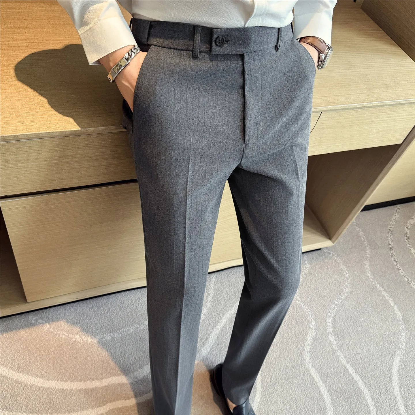 2026 Men's Suit Pants – Striped Formal Trousers in Brown, High-Quality Business Slim Fit Dress Pants for Office & Wedding Wear.