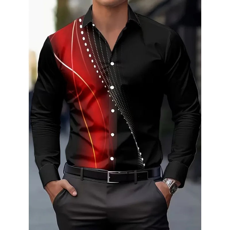 Men's Long Sleeve Geometric Line Print Dress Shirt Slim Fit Formal Casual Button Down Business Top Camisa Masculina De Negócios