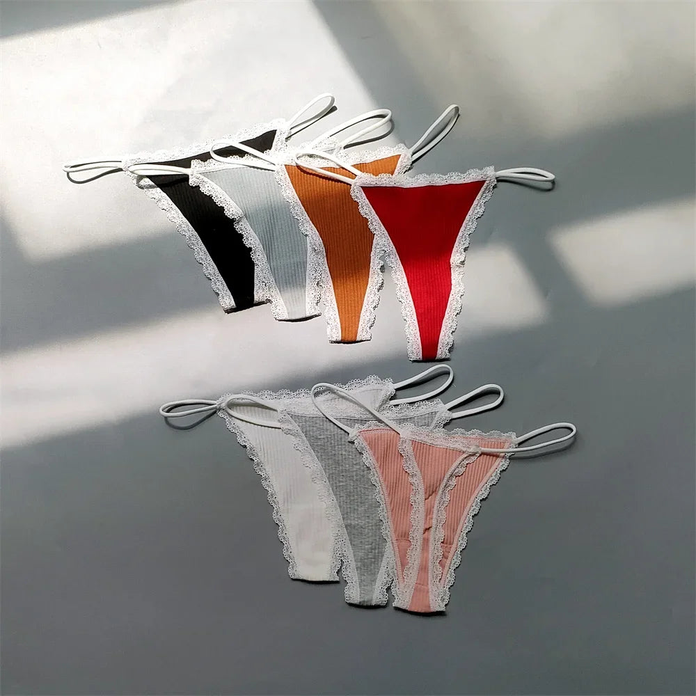 2PCS Cotton Lace Trim Underwear Woman Sexy Thong Lingerie Soft Ribbed Strings T-back Underwear Plus Size S-XL