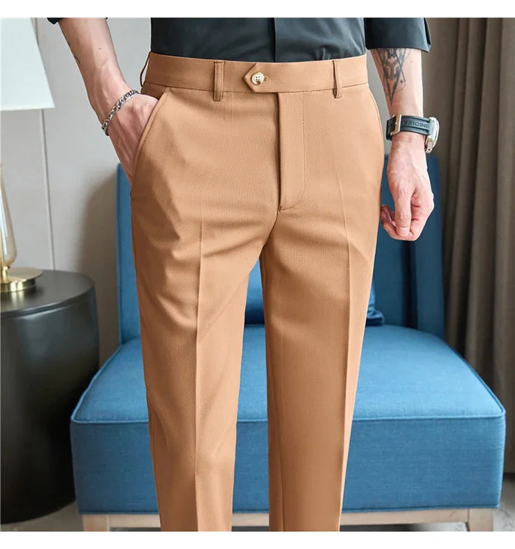 2025  New Autumn Green Premium Dark Stripe Formal Pants for Men,Coffee Slim Small Foot Mens Casual Trousers/Dress Pants Men