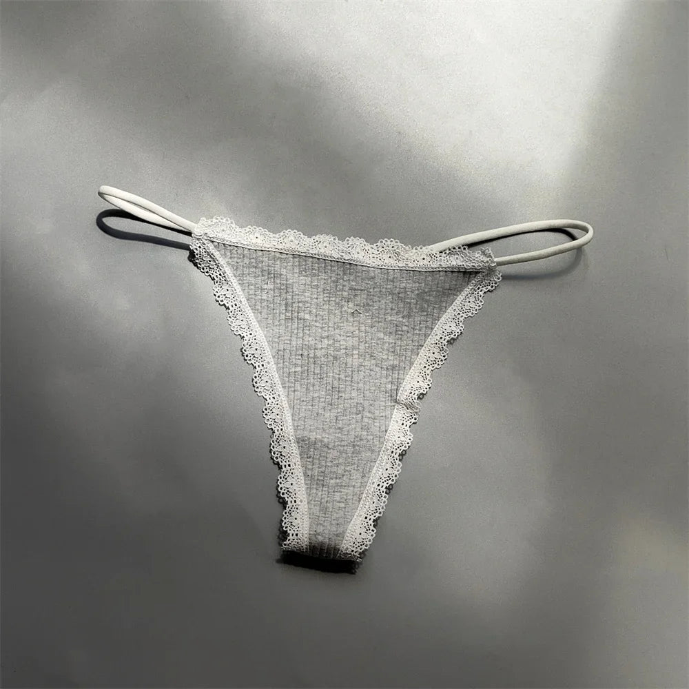 2PCS Cotton Lace Trim Underwear Woman Sexy Thong Lingerie Soft Ribbed Strings T-back Underwear Plus Size S-XL