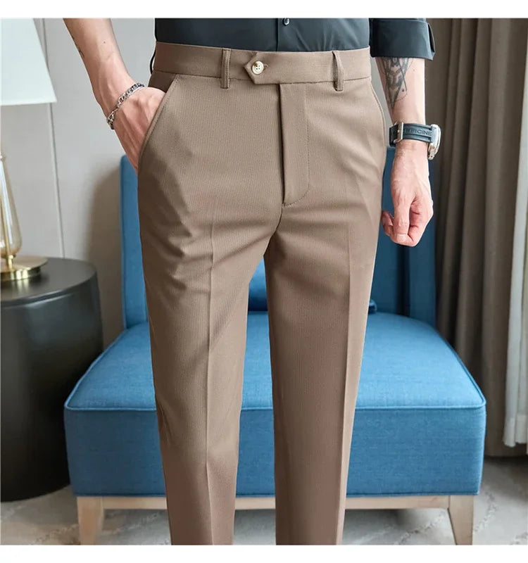 2025  New Autumn Green Premium Dark Stripe Formal Pants for Men,Coffee Slim Small Foot Mens Casual Trousers/Dress Pants Men