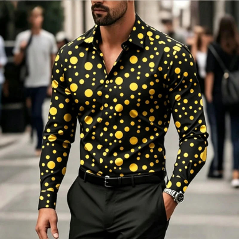 Men's shirt with polka dot print long sleeved shirt, outdoor casual style, slim fit collar shirt, men's casual formal top
