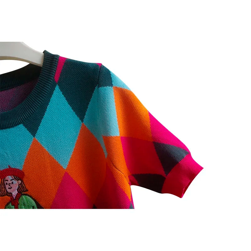2024 Summer Argyle Sequines Knitted T Shirt Women Fashion Casual Cartoon O-Neck Short Sleeve Sweater Pullover Ladies Tops Tees