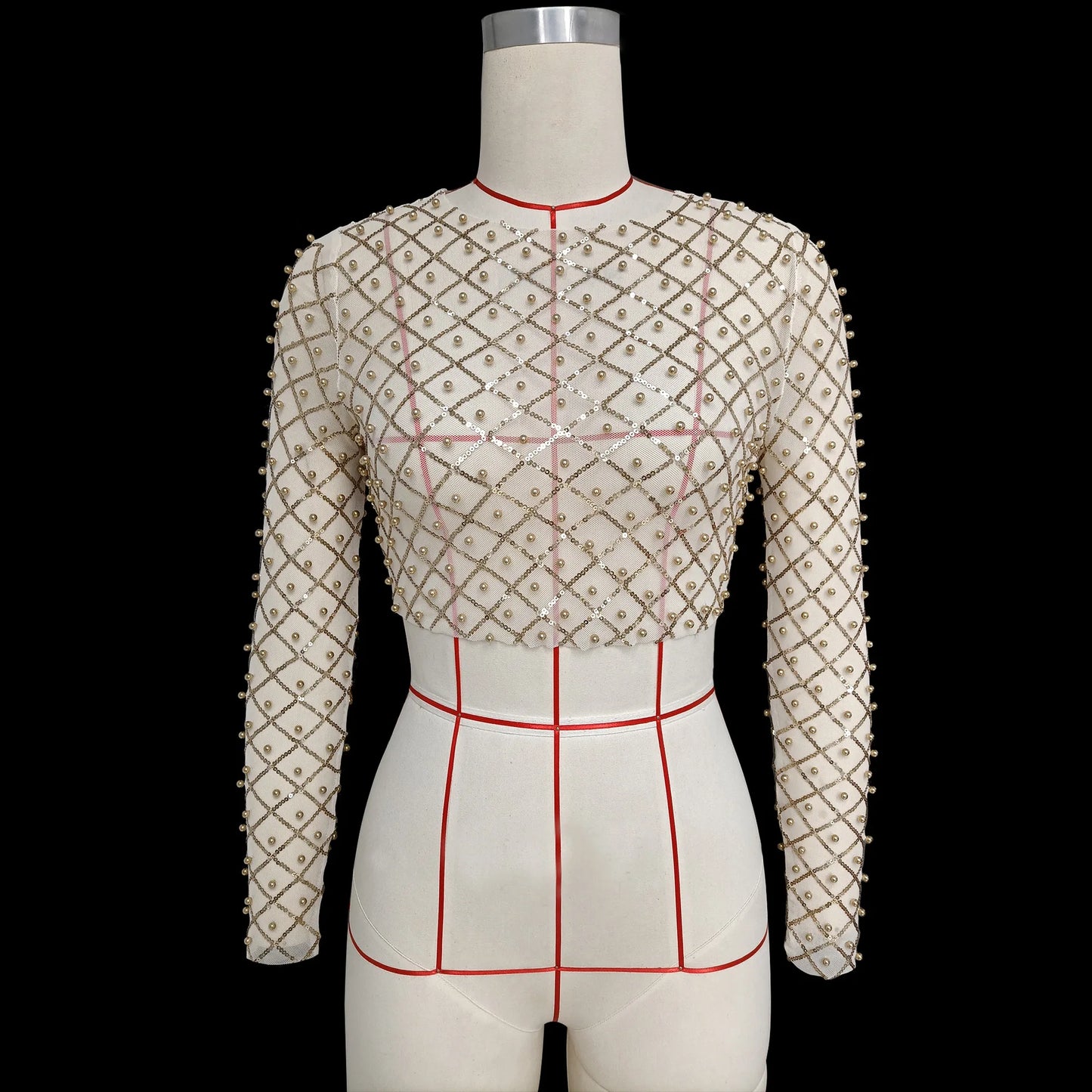 Women's Sexy Mesh Beaded Tops Ladies Fashion Sequins Long Sleeve Top T-Shirt Summer Casual Pullover for Female 2024 New