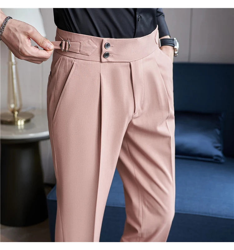 British Style Men High Waist Casual Dress Pant Men Belt Design Pink Trousers Formal Office Social Wedding Party Dress Suit Pants