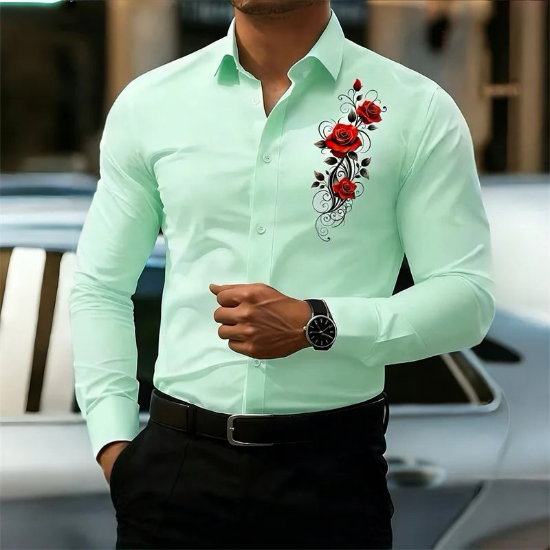 Men's Long-Sleeved Shirt, Featuring a Vintage Red Rose Print Design. A Stylish Business Casual Shirt and Fashionable Men's Top.