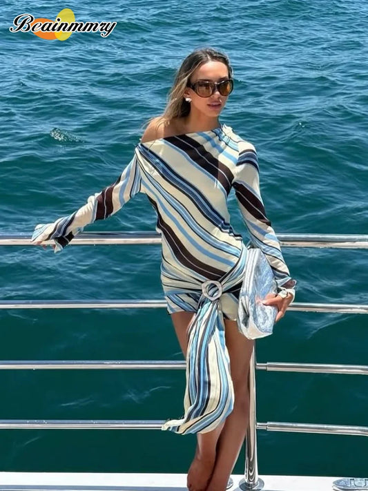 Lady Long Sleeve Striped Dress High Waist Stretch Beach Daily Casual Lace Up Soft Mini Dresses 2026 Fashionable Vacation Gowns