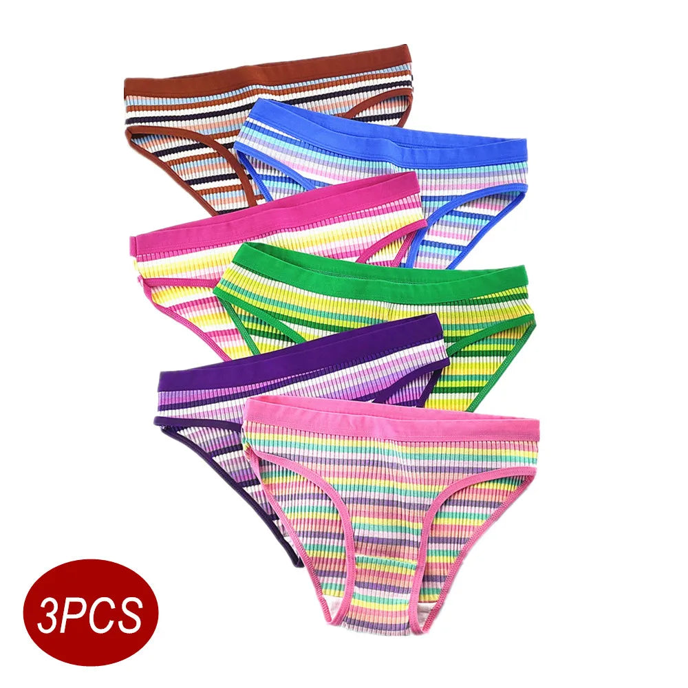CRWC 3Pcs Cotton Pants Women Underwear Low Waist Striped Briefs Colorful Girls Cute Stretch Lingerie Plus Size