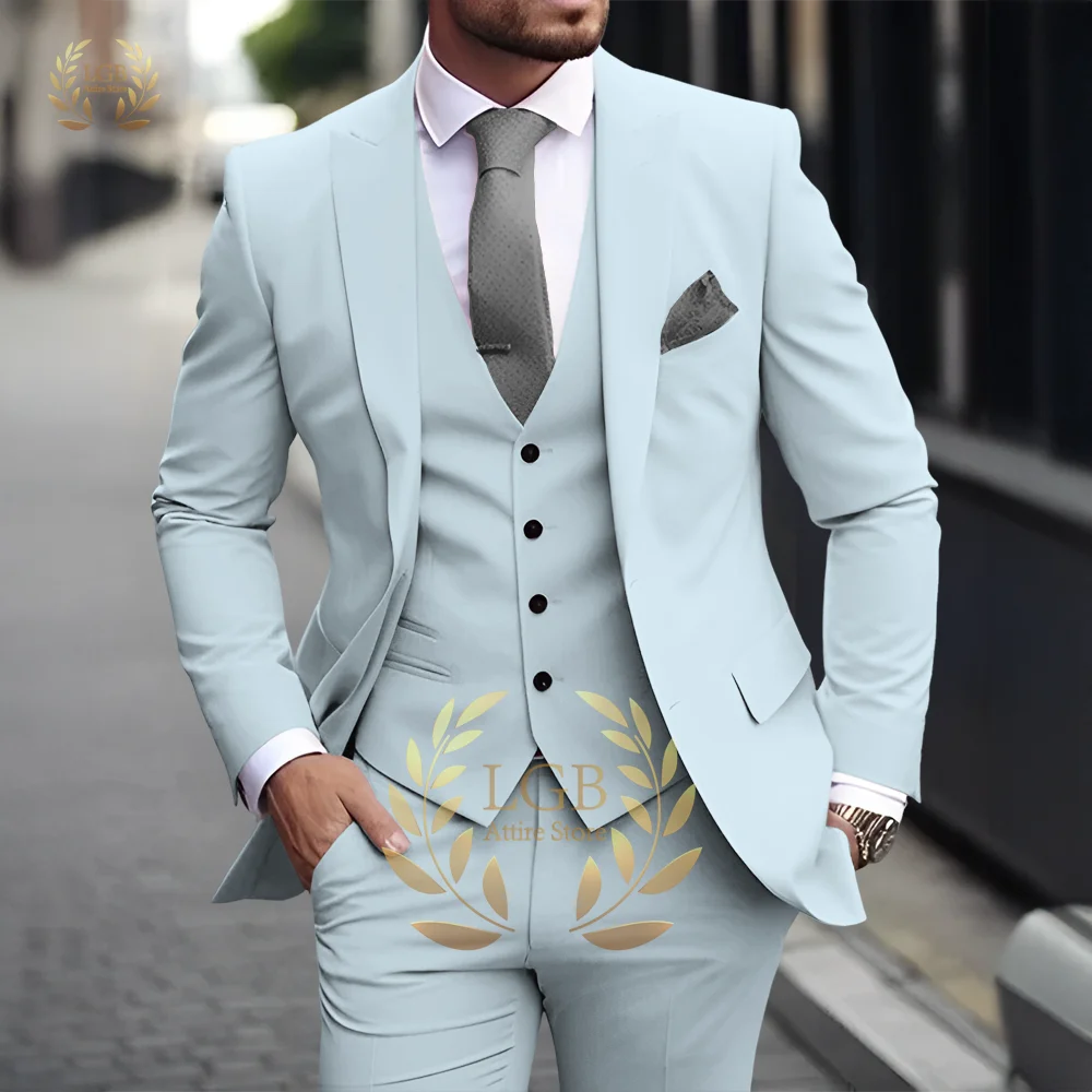 Men's Khaki 3-Piece Suit Classic Peak Lapel Business Formal Wedding Groom Slim Fit Elegant Gentleman Style Fashion Blazer