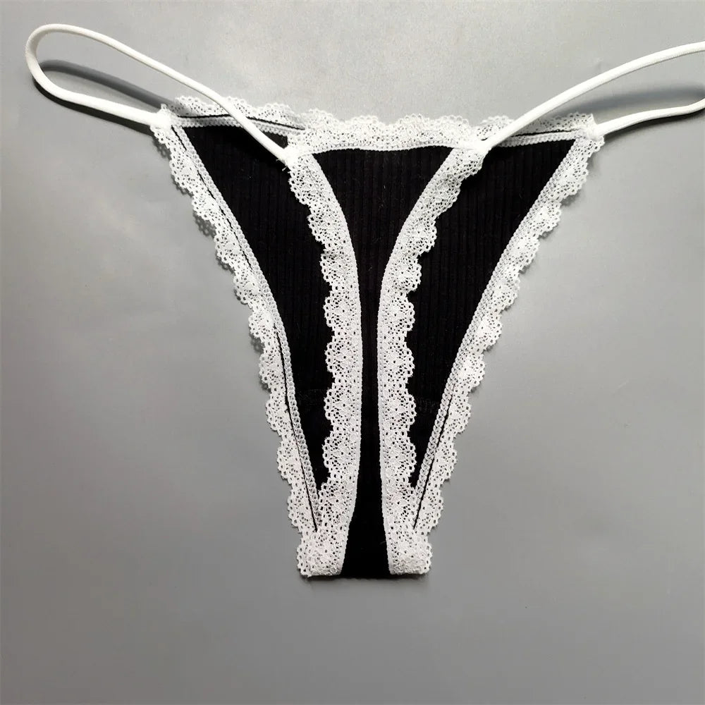 2PCS Cotton Lace Trim Underwear Woman Sexy Thong Lingerie Soft Ribbed Strings T-back Underwear Plus Size S-XL