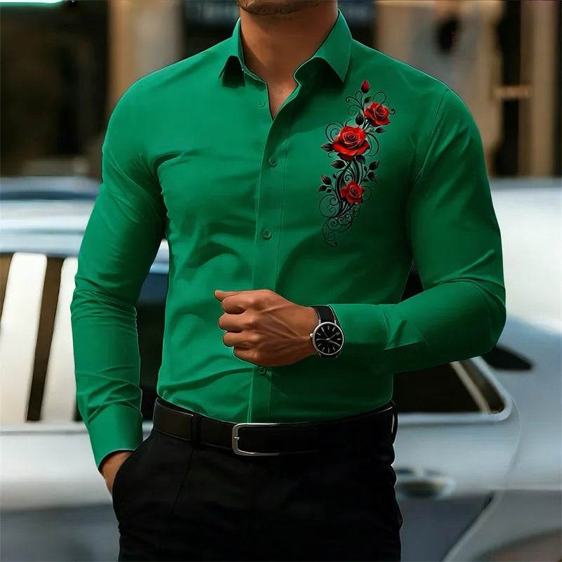 Men's Long-Sleeved Shirt, Featuring a Vintage Red Rose Print Design. A Stylish Business Casual Shirt and Fashionable Men's Top.