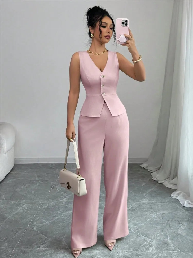 2026 Summer New Solid Color Two Piece Sets Women V-neck Sleeveless Slim Single-breasted Vest Top + Wide-leg Trousers 2-piece Set