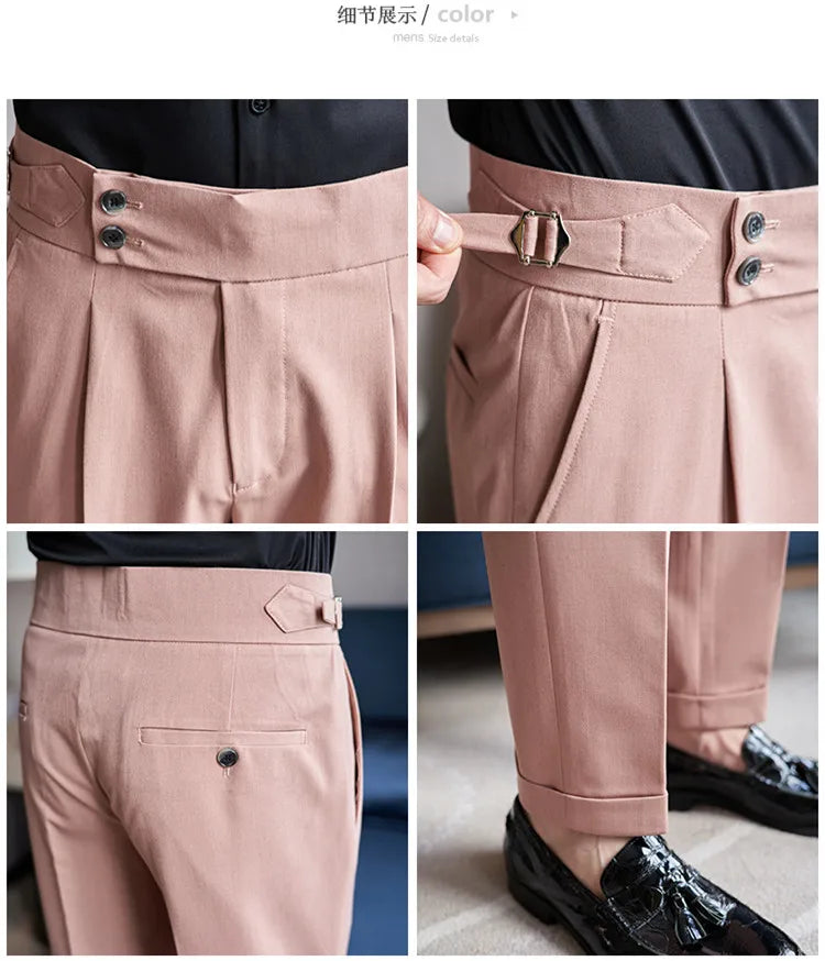 British Style Men High Waist Casual Dress Pant Men Belt Design Pink Trousers Formal Office Social Wedding Party Dress Suit Pants