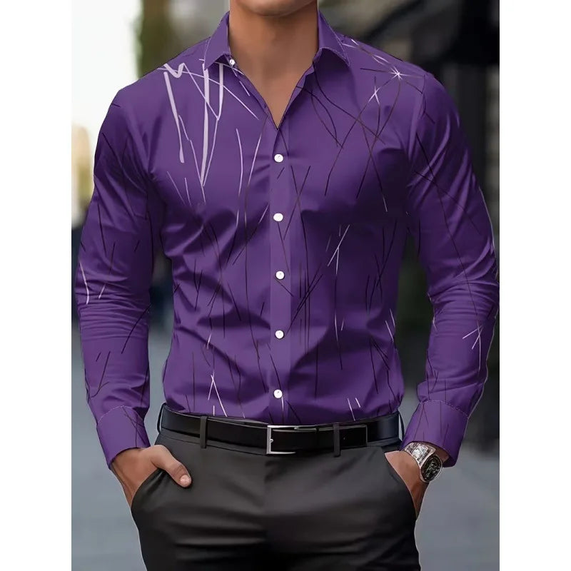 Men's Long Sleeve Geometric Line Print Dress Shirt Slim Fit Formal Casual Button Down Business Top Camisa Masculina De Negócios