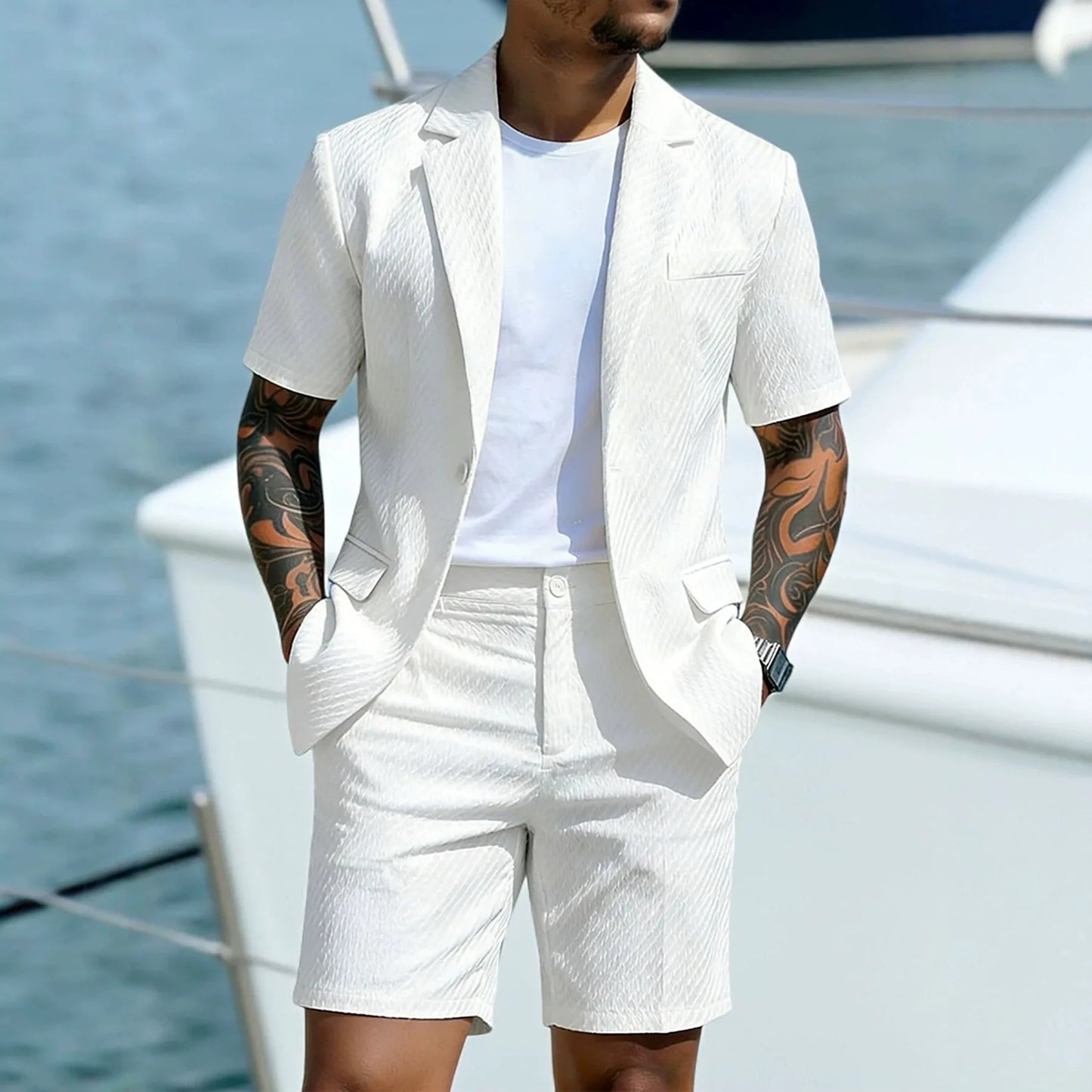 Men Suit Set Summer British Style Solid Color Short Sleeve Male Outfit Slim Breathable Business Wedding Man 2-piece Suit