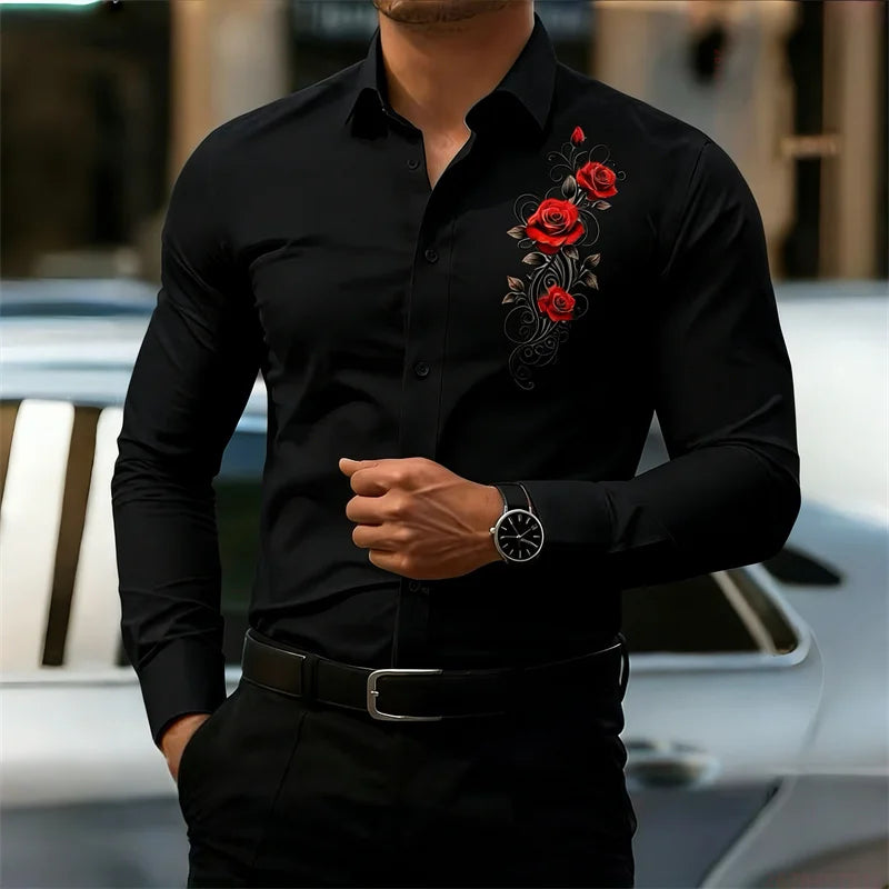 Men's Long-Sleeved Shirt, Featuring a Vintage Red Rose Print Design. A Stylish Business Casual Shirt and Fashionable Men's Top.