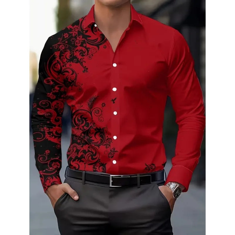 Men's Long Sleeve Geometric Line Print Dress Shirt Slim Fit Formal Casual Button Down Business Top Camisa Masculina De Negócios