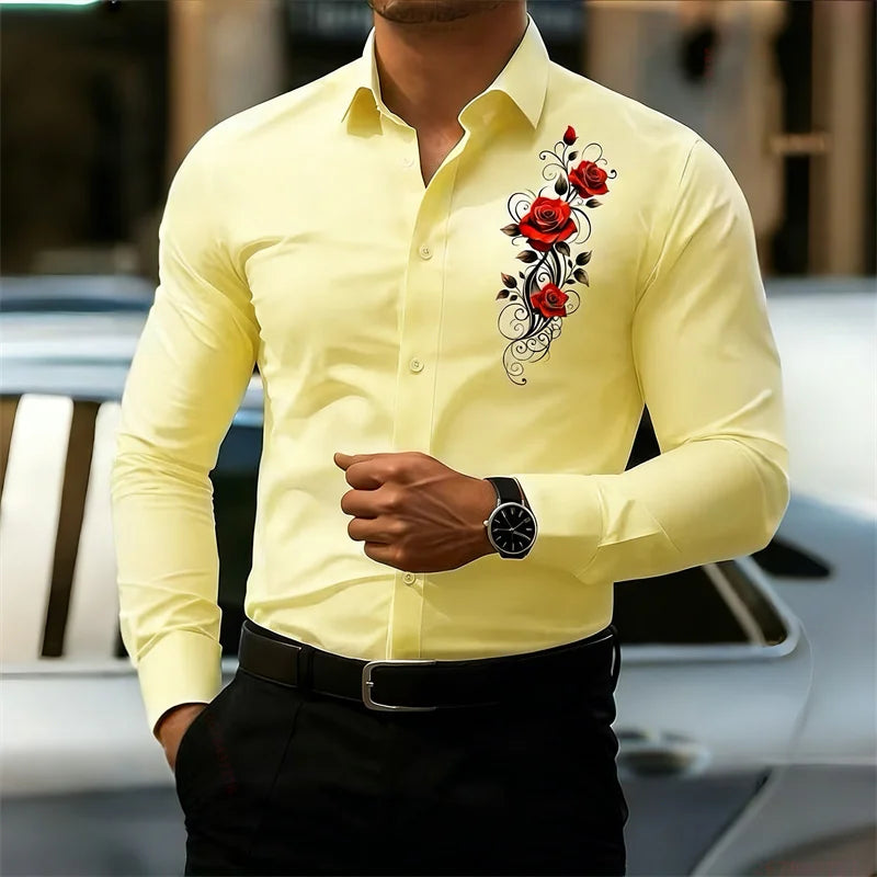 Men's Long-Sleeved Shirt, Featuring a Vintage Red Rose Print Design. A Stylish Business Casual Shirt and Fashionable Men's Top.