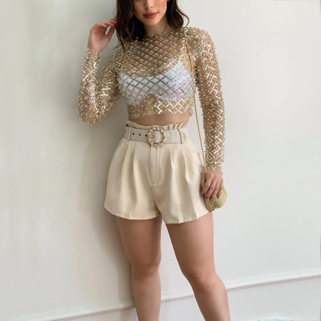 Women's Sexy Mesh Beaded Tops Ladies Fashion Sequins Long Sleeve Top T-Shirt Summer Casual Pullover for Female 2024 New