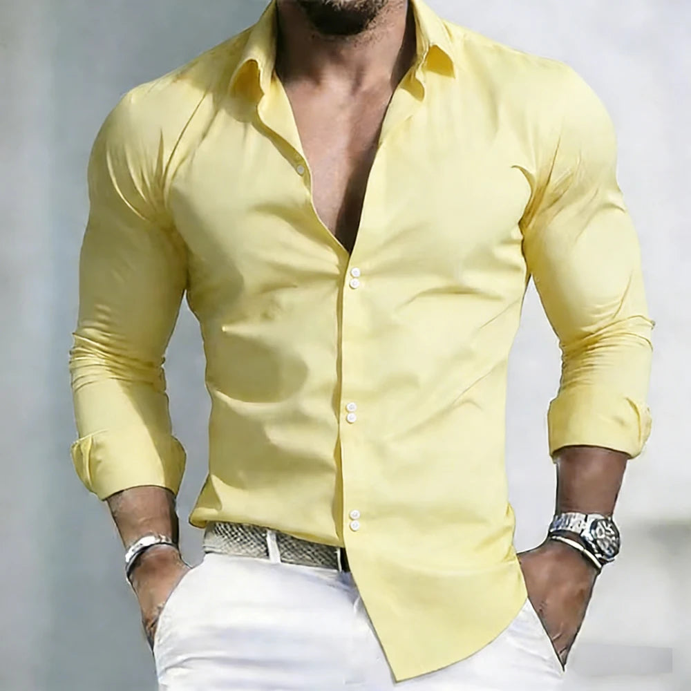 2026 Solid Color Men's Shirt Casual White Shirt High Quality Solid Color Long Sleeve Stretch Fabric Business Formal Shirt XS-6XL