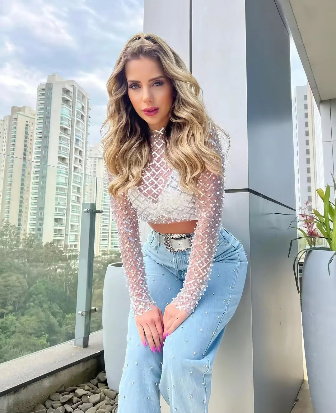 Women's Sexy Mesh Beaded Tops Ladies Fashion Sequins Long Sleeve Top T-Shirt Summer Casual Pullover for Female 2024 New