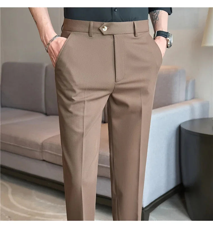 2025  New Autumn Green Premium Dark Stripe Formal Pants for Men,Coffee Slim Small Foot Mens Casual Trousers/Dress Pants Men