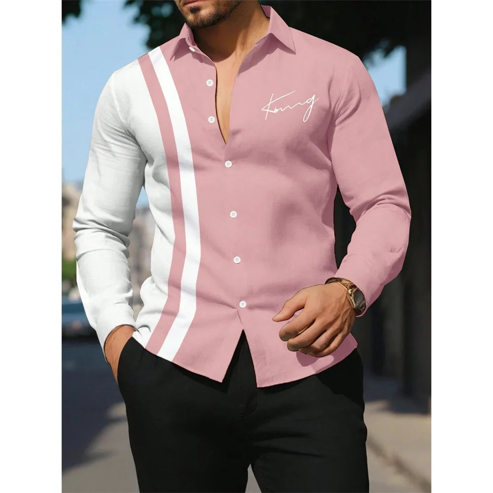 Men's Shirt Letter Striped Print Men's Long-Sleeved Shirt Autumn Casual Tops Beach Men Clothing Oversized Men's Fashion Shirts